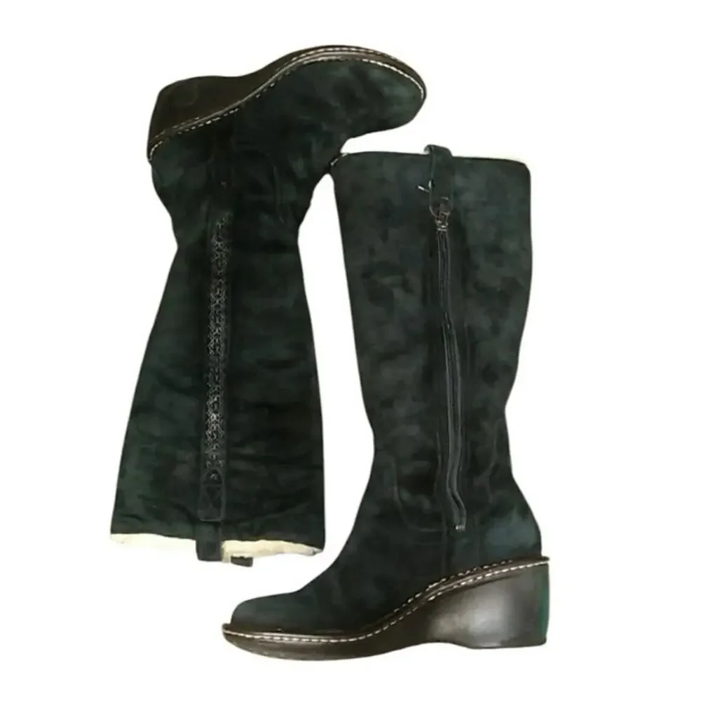 UGG Hartley Knee High Boots Black Suede & Sheep Skin Wedge S/N 3342 Size 7 M